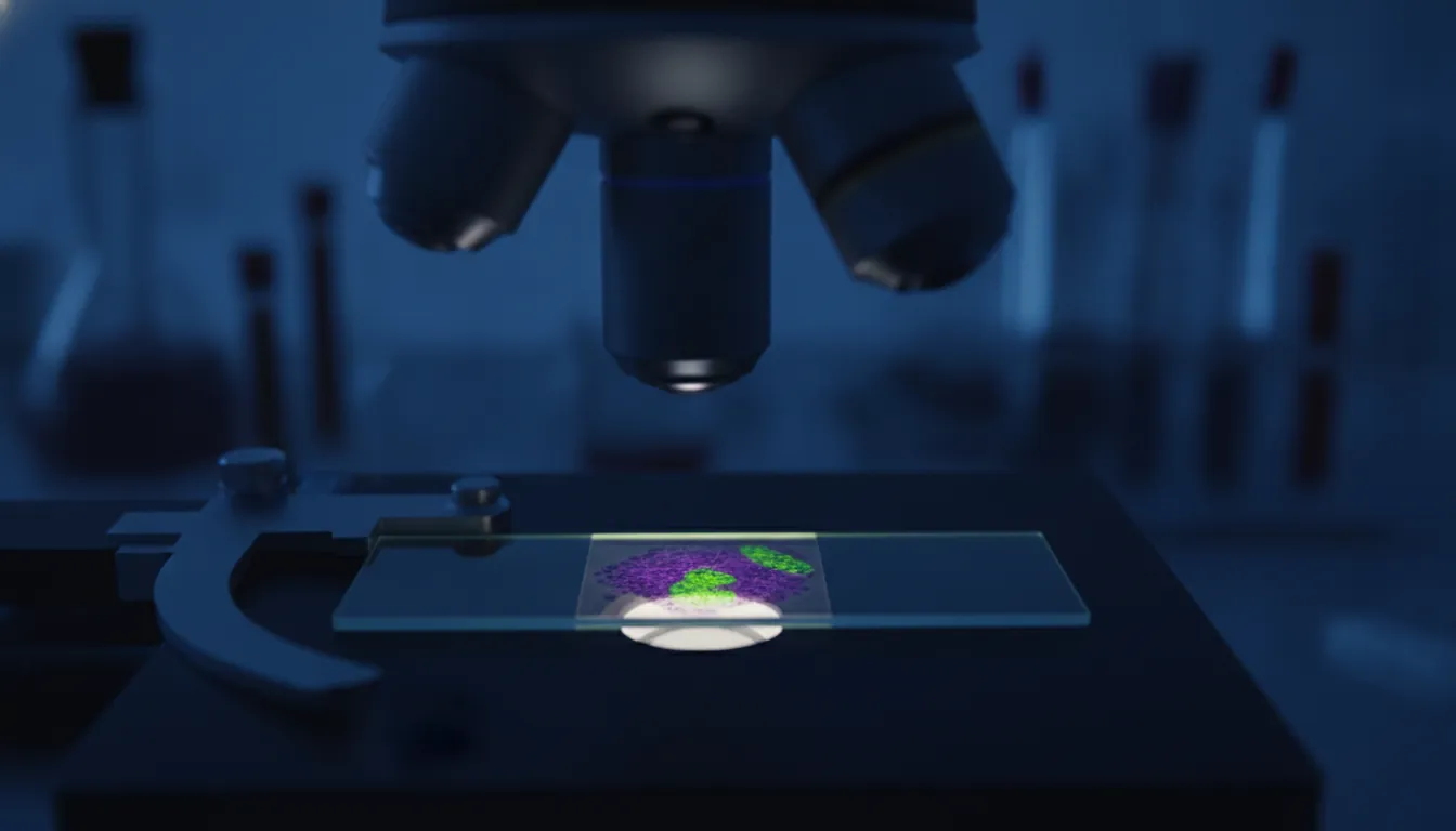 A tissue sample on a microscope slide in a dimly lit lab