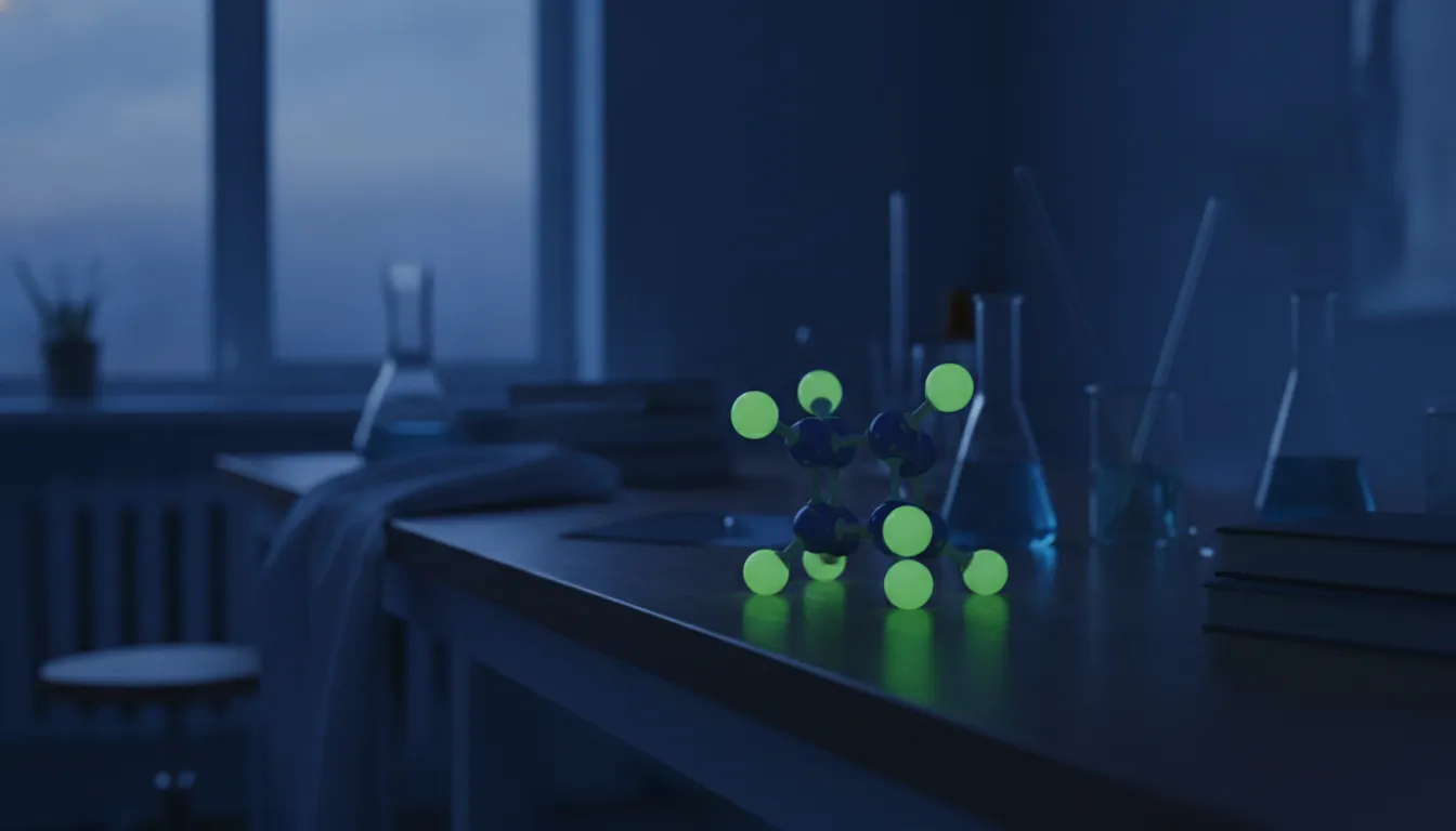 A molecular model in a dimly lit lab setting, emphasizing the intersection of AI and drug development.