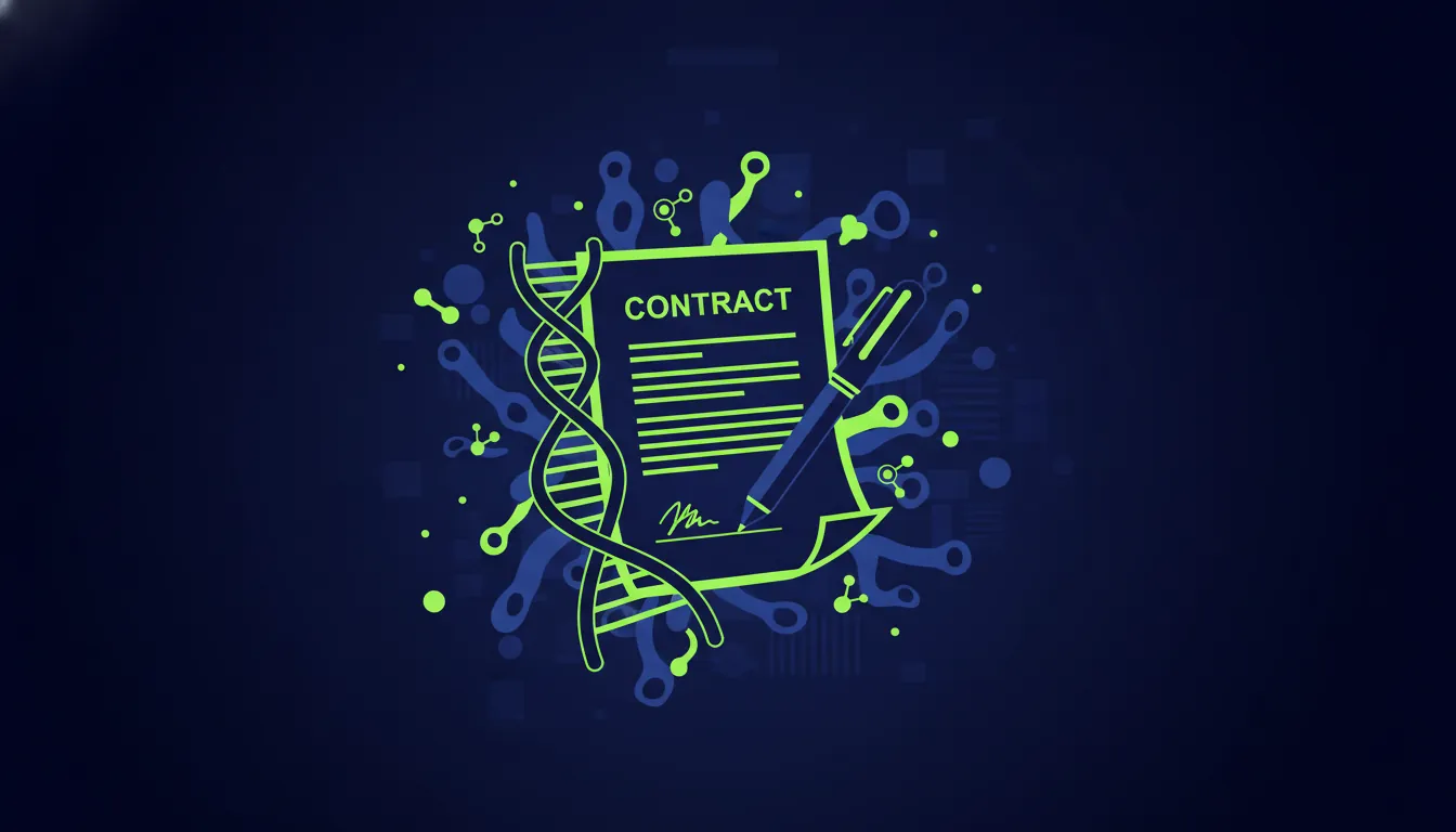 A minimalist illustration of a contract and pen in a dark palette.