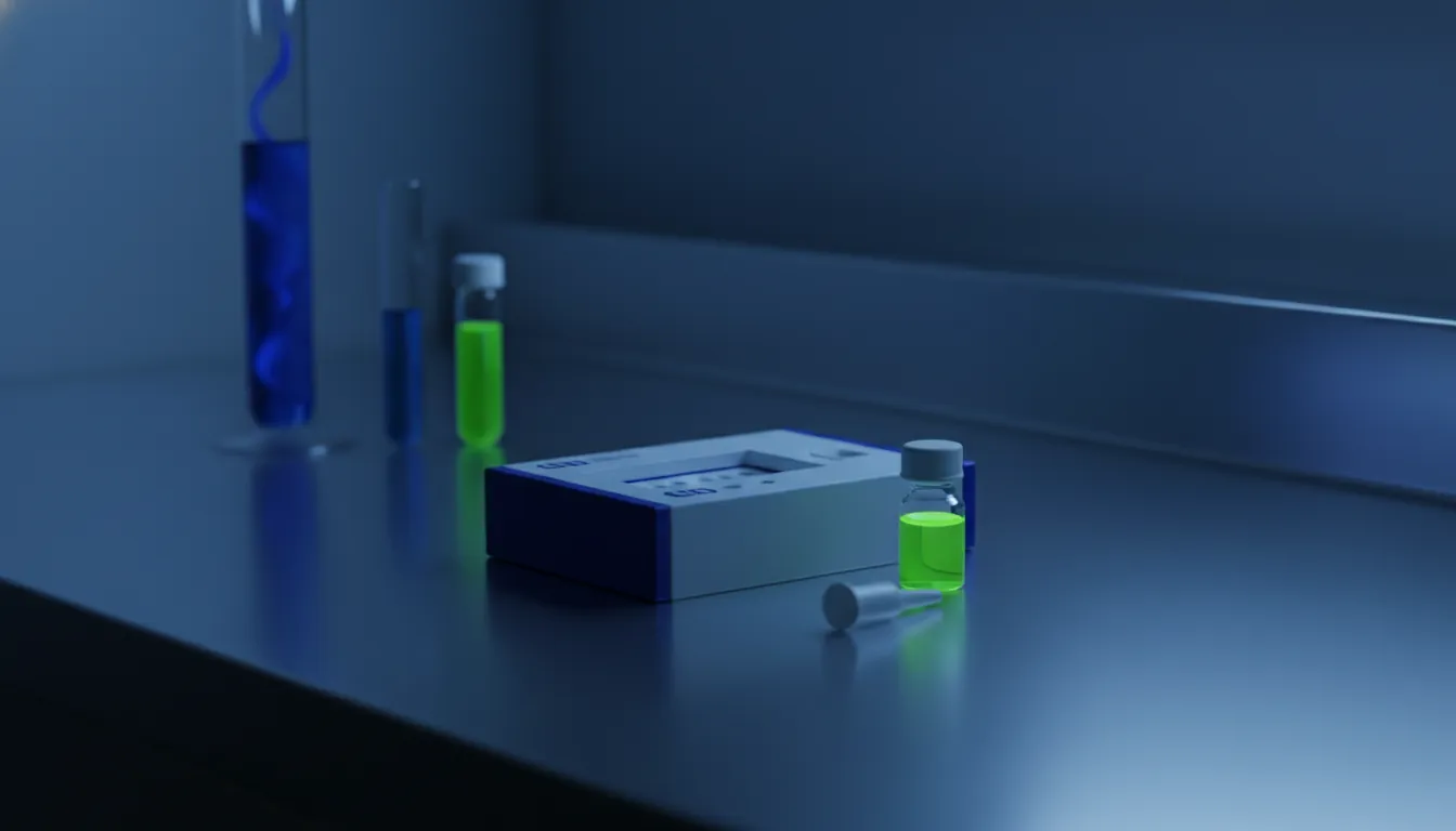A diagnostic test kit in a dimly lit lab