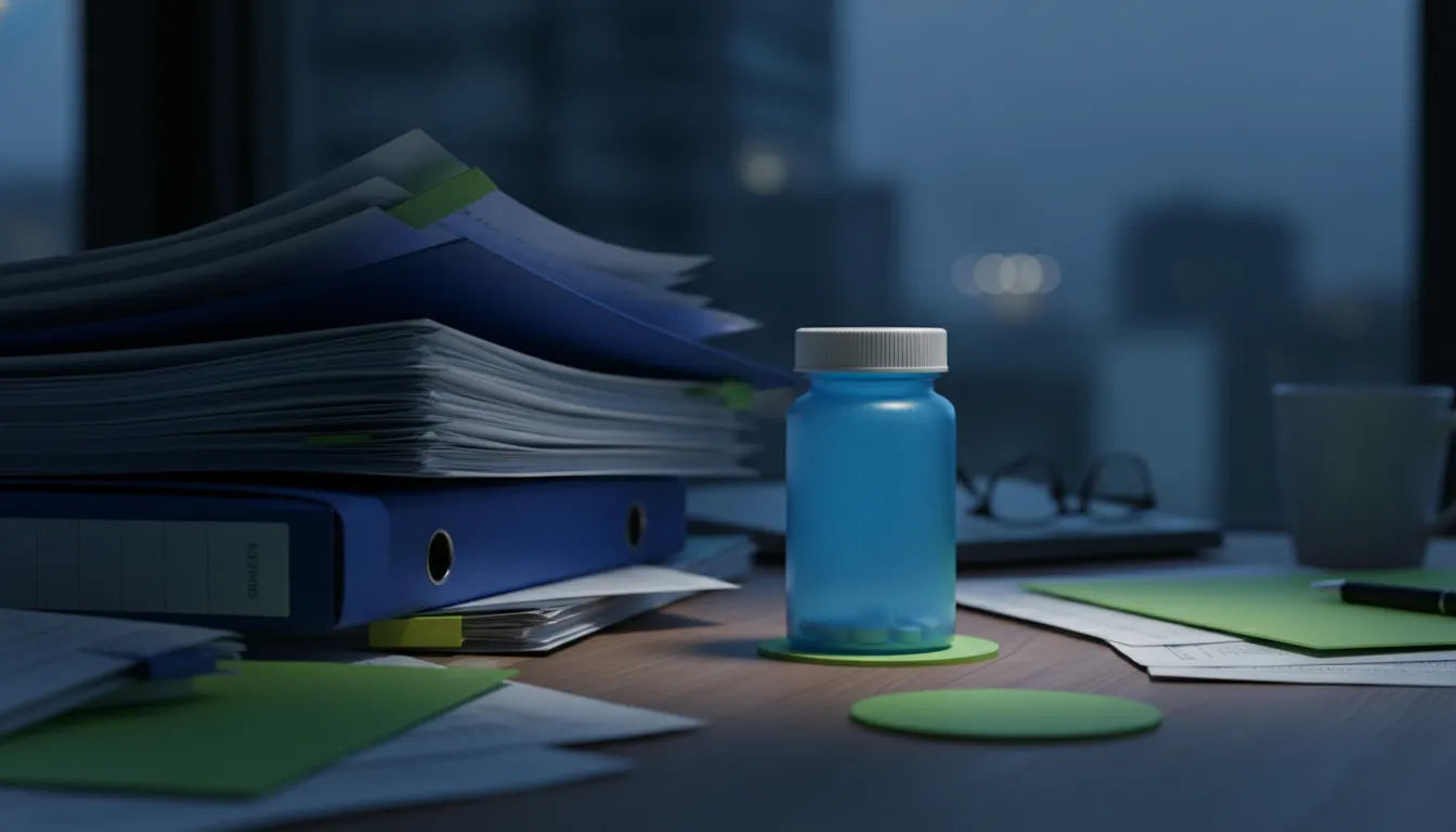 A pill bottle and regulatory documents in a dimly lit office