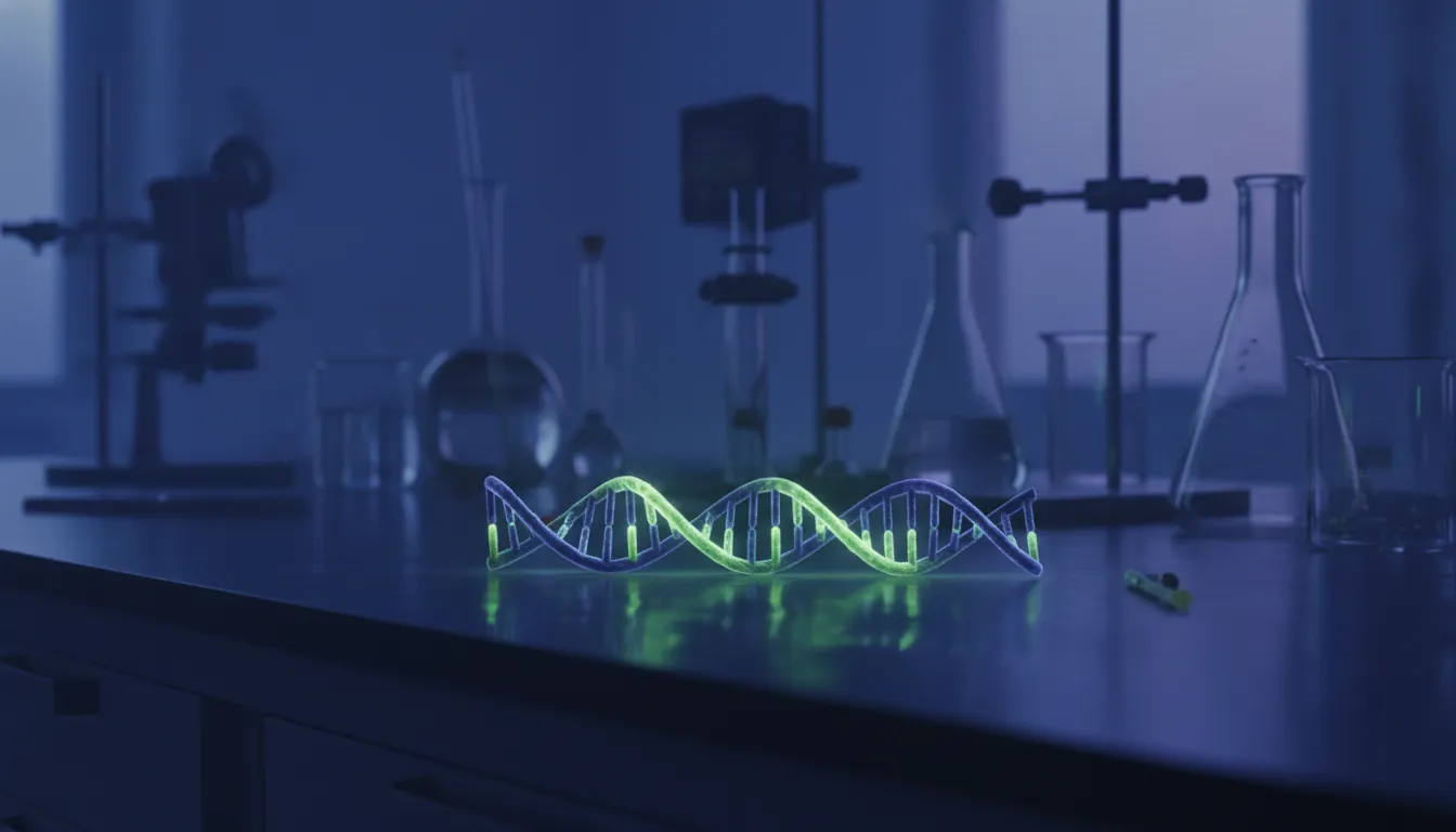 An RNA molecule on a lab bench in a dimly lit laboratory setting.