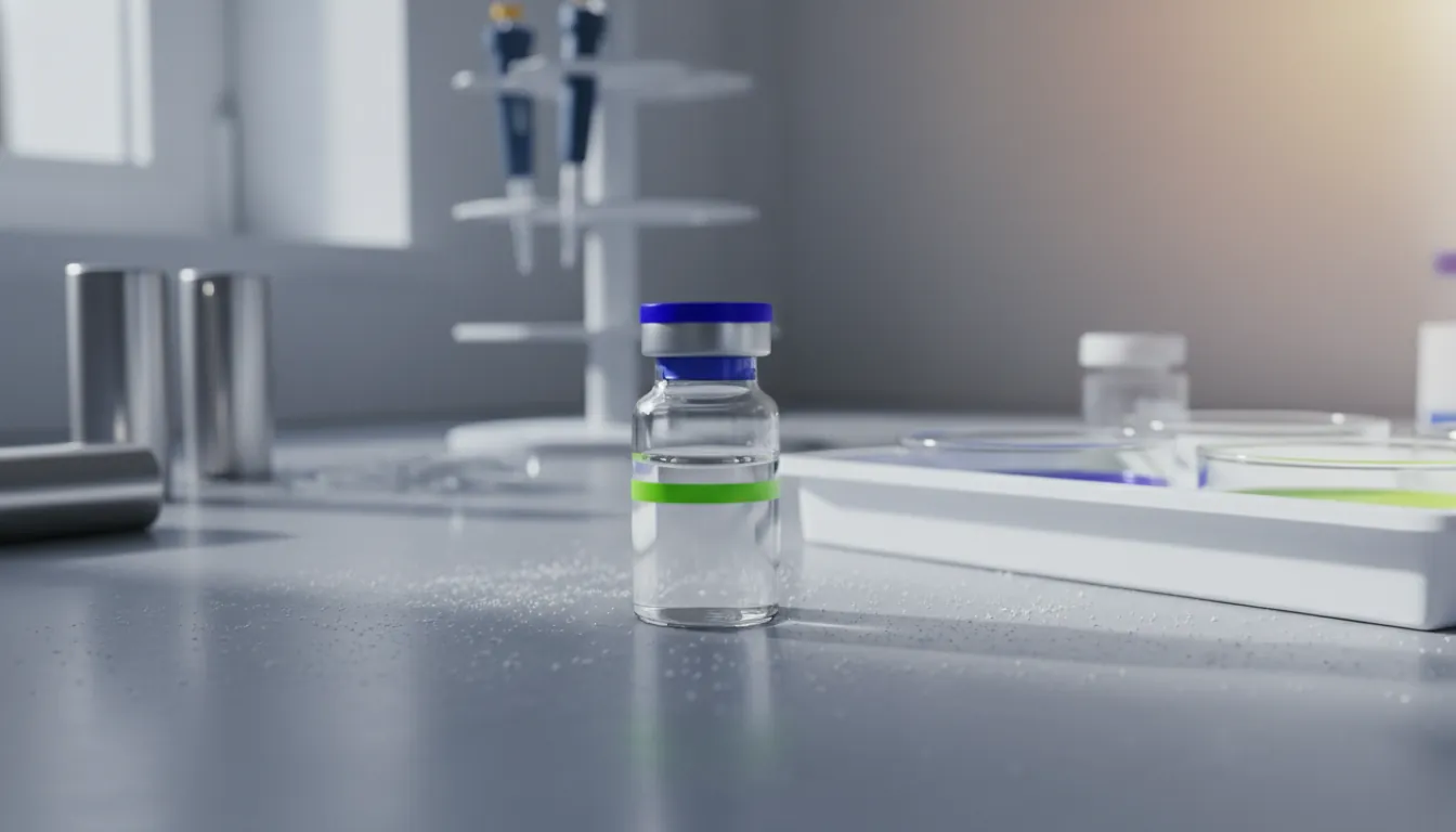 A vial of biopharmaceutical agent on a lab bench