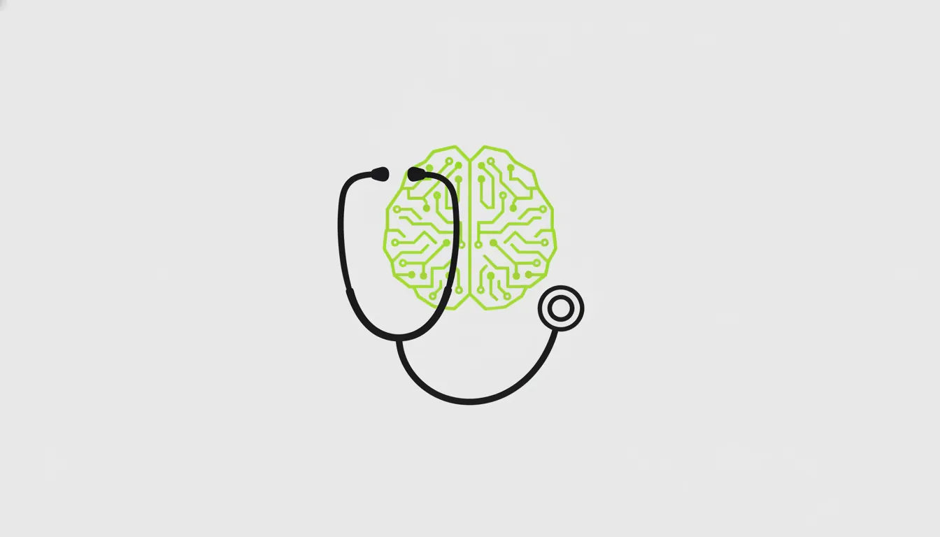 A minimalist illustration of a stethoscope and a brain symbolizing AI in healthcare.