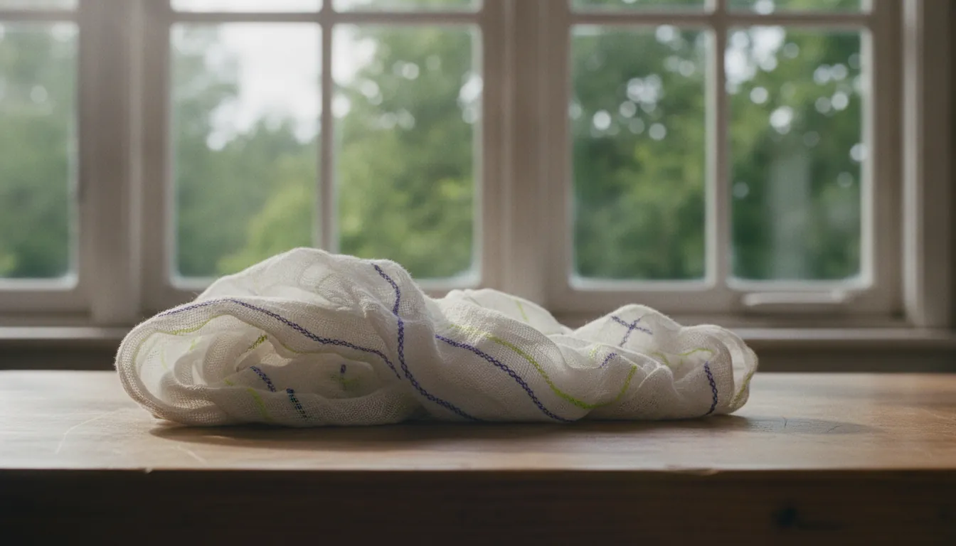 A roll of medical gauze on a wooden table in a clinical setting