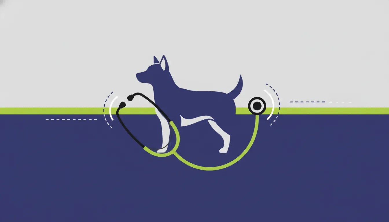 A minimalist illustration of a dog and a stethoscope representing veterinary diagnostics.