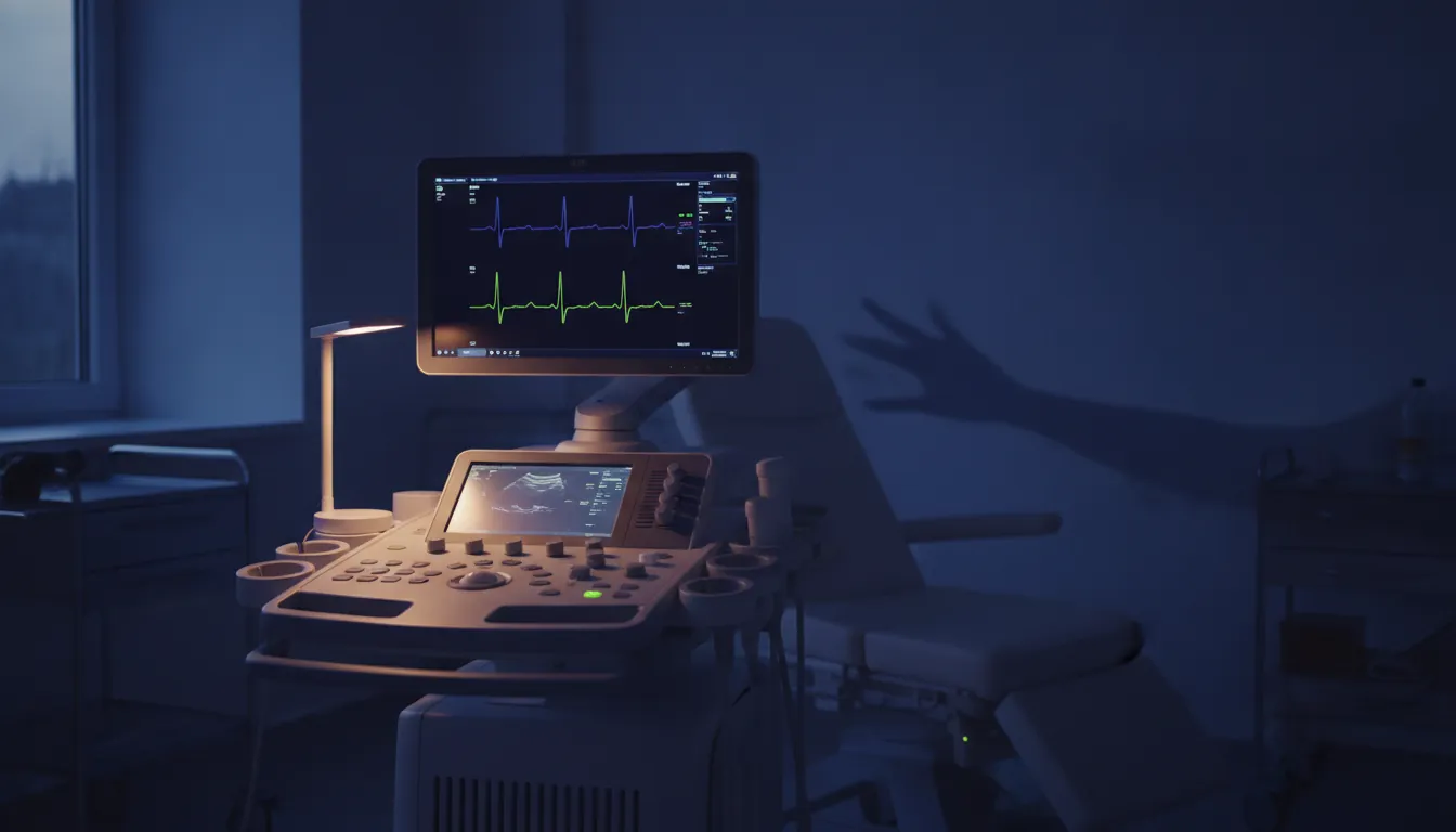 Echocardiogram machine in a dimly lit clinical room