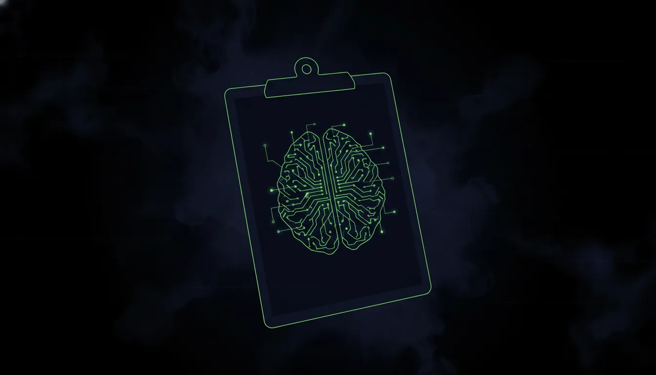 A minimalist representation of a clipboard with an AI brain icon, symbolizing AI oversight in healthcare.