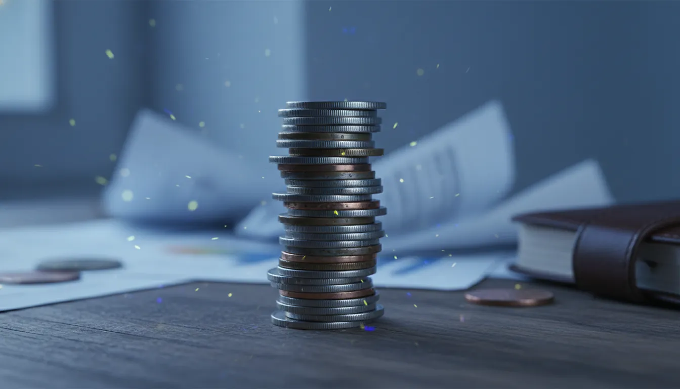 A stack of coins on a wooden desk in a dimly lit office, symbolizing venture capital investment.