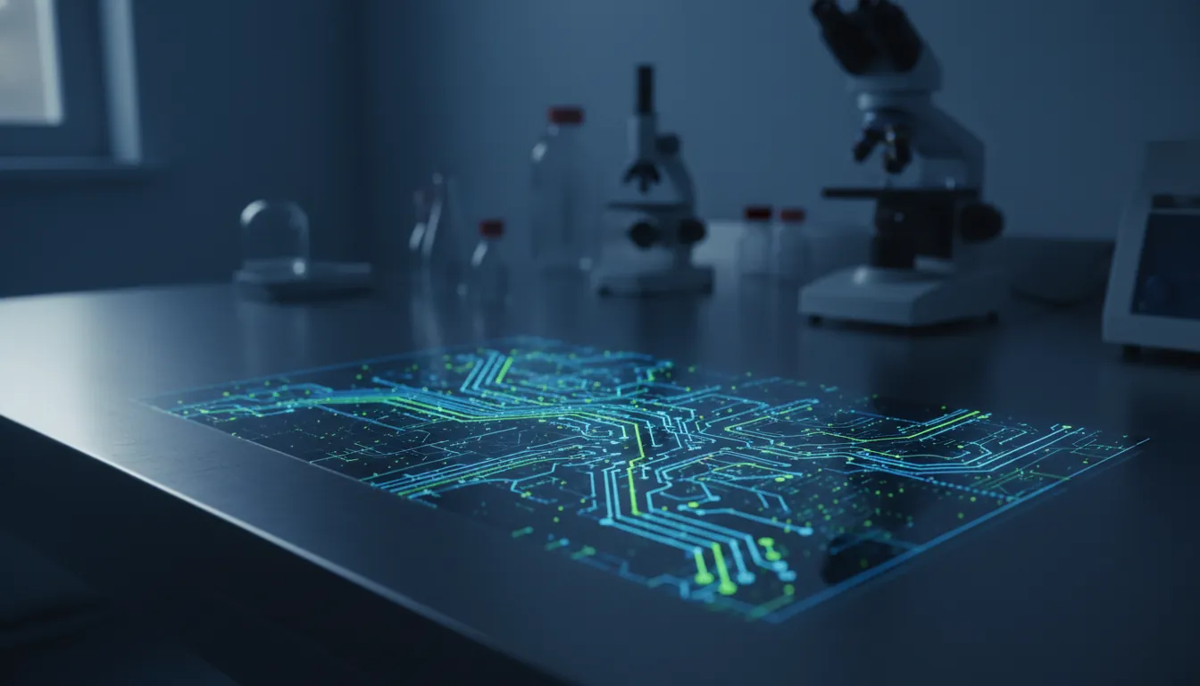 A close-up of an AI algorithm on transparent film in a dimly lit lab setting.