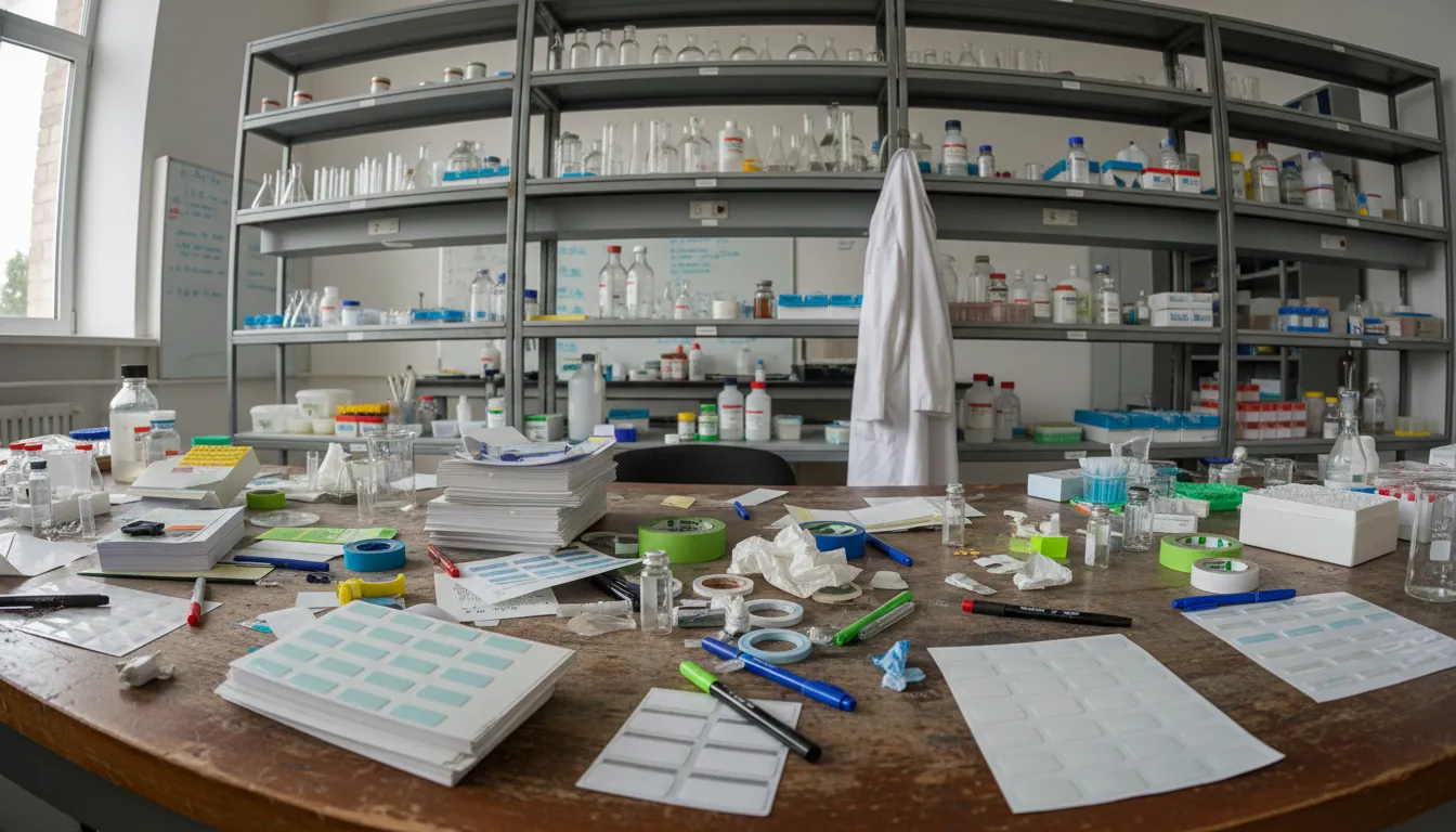 A laboratory workspace with labeling materials scattered on a table, illustrating the process of artwork and labeling in life sciences.