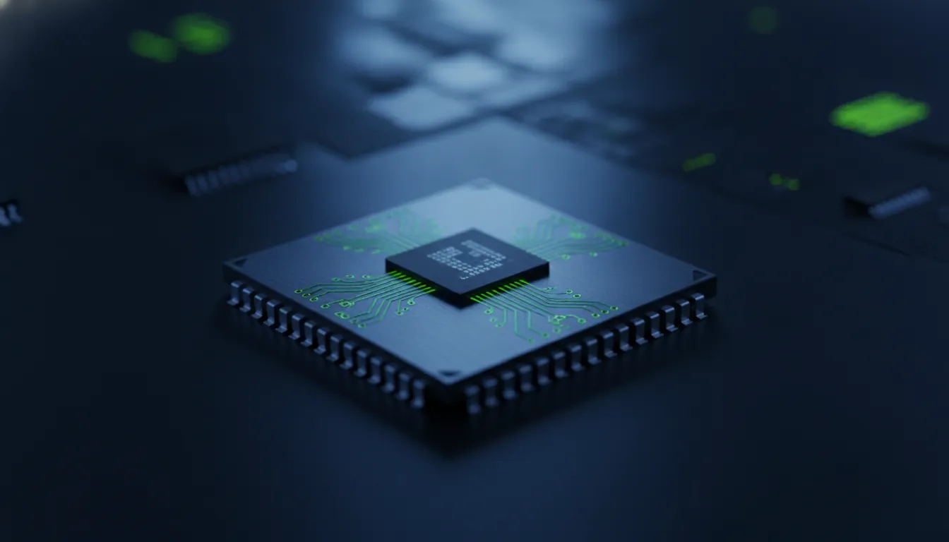 A microchip on a black surface with a circuit board in the background.
