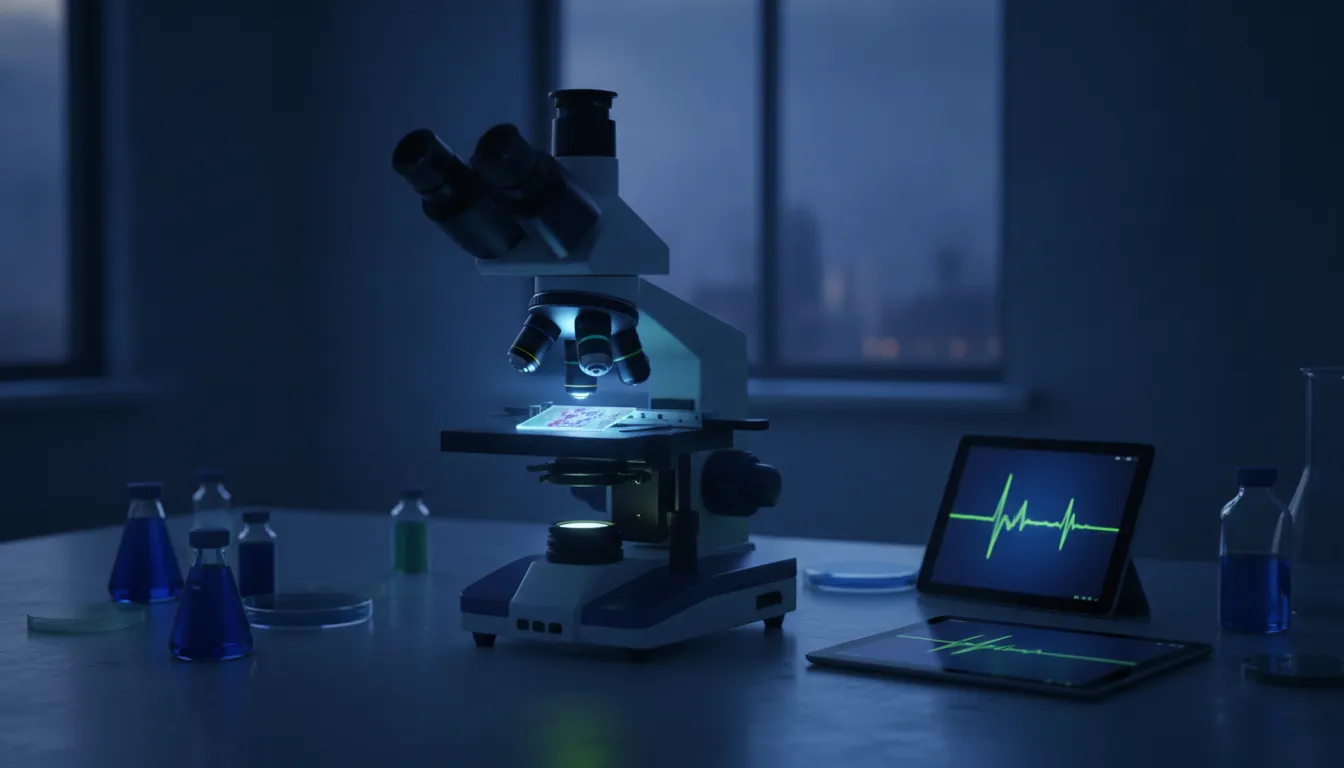 A biopsy sample on a glass slide under a microscope in a dimly lit lab.