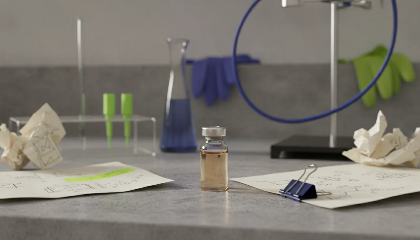 A Jelmyto drug vial on a lab countertop with supplies in the background.