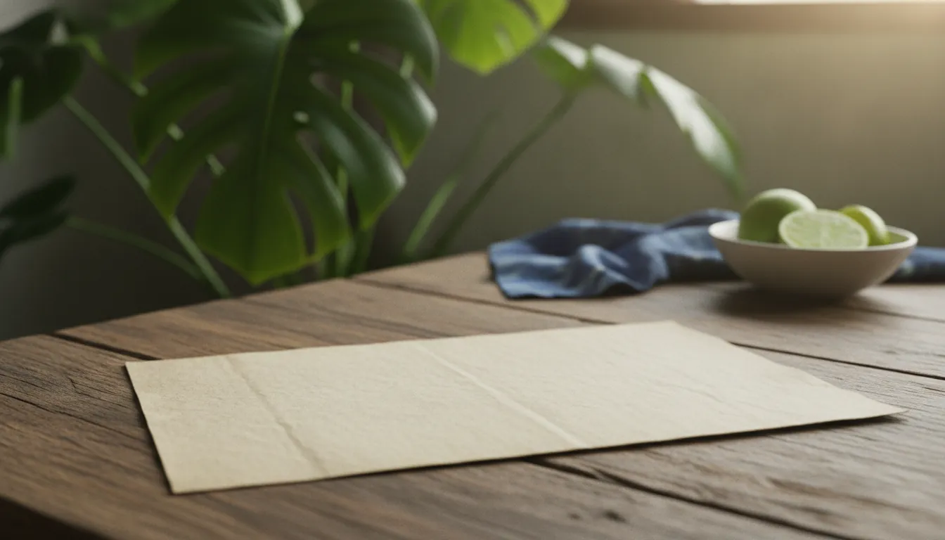 A stock certificate on a wooden table with a plant in the background.