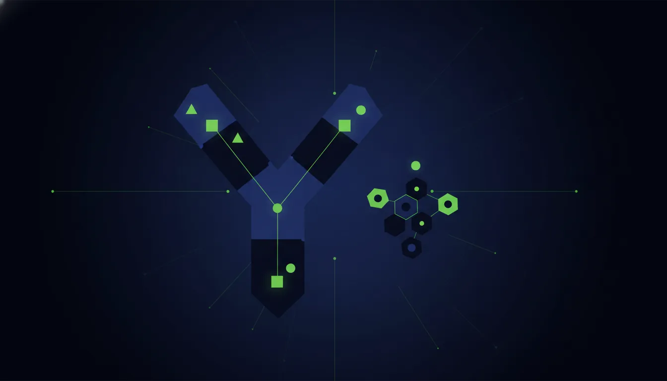 Minimalist representation of an antibody and small molecule in a dark palette