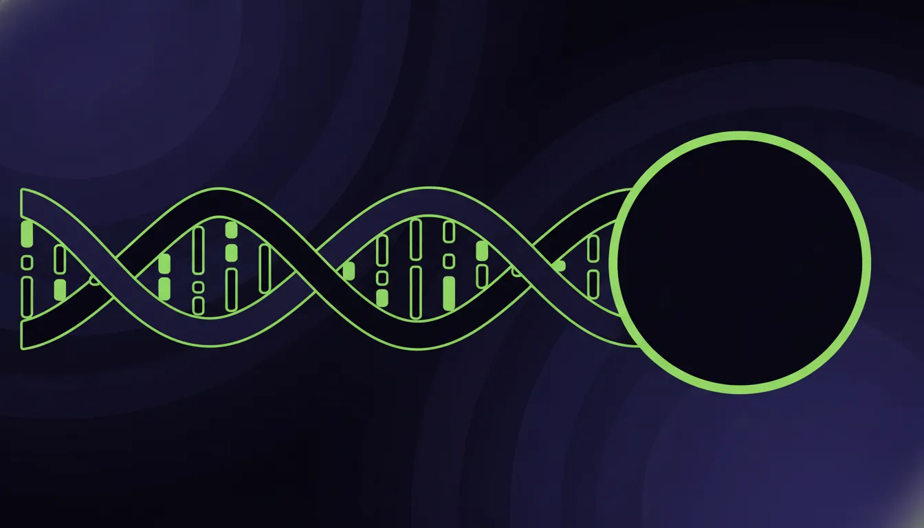 A minimalist representation of a genome and a cell in a dark palette.