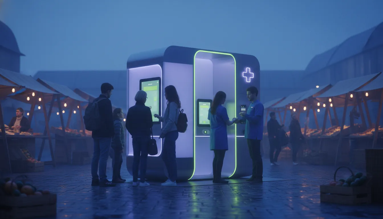 A healthcare kiosk in an outdoor market at dusk, surrounded by people.