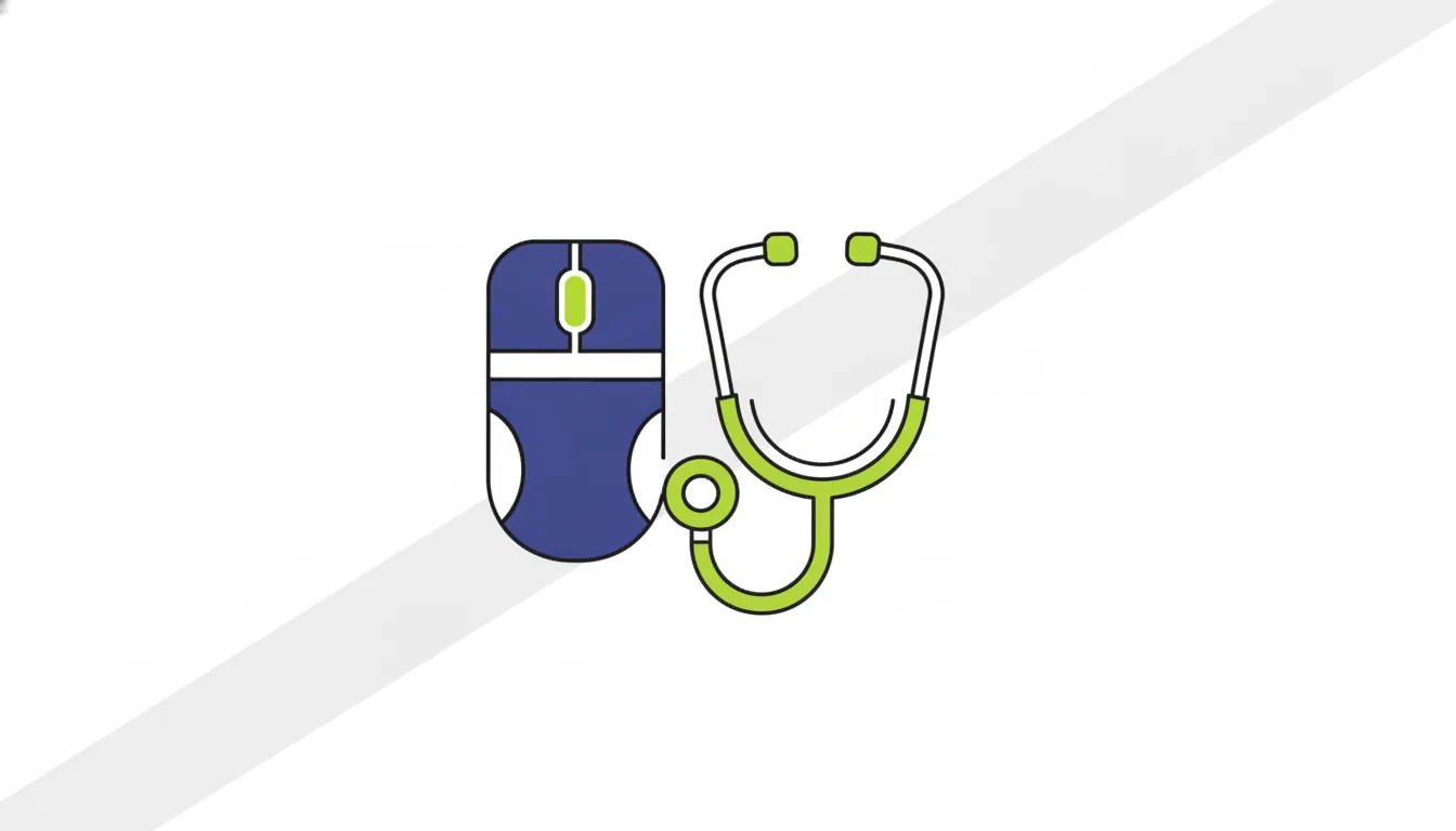 A minimalist illustration of a computer mouse and stethoscope representing telehealth.