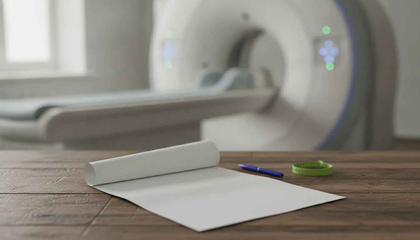 A radiology report on a wooden table with an imaging machine in the background.