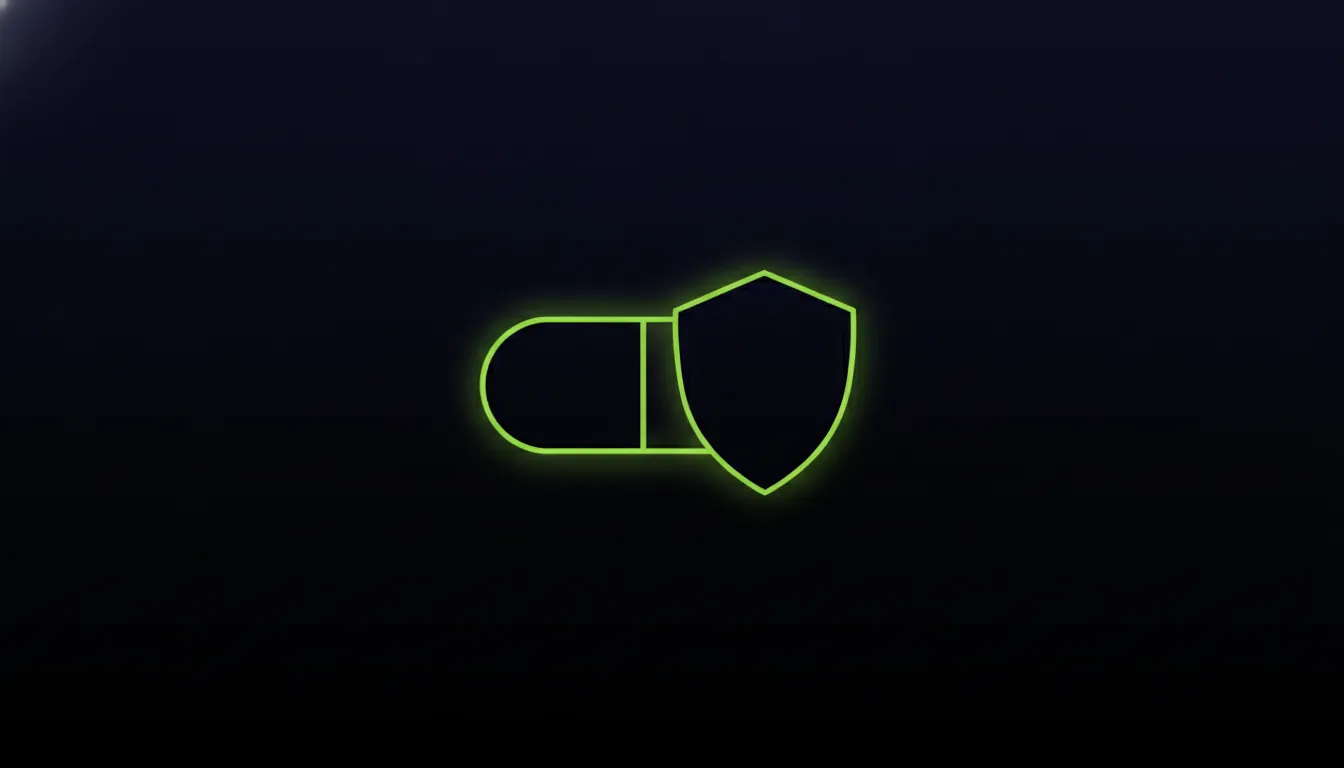 A minimalist representation of a pill and a safety shield in a dark color scheme.