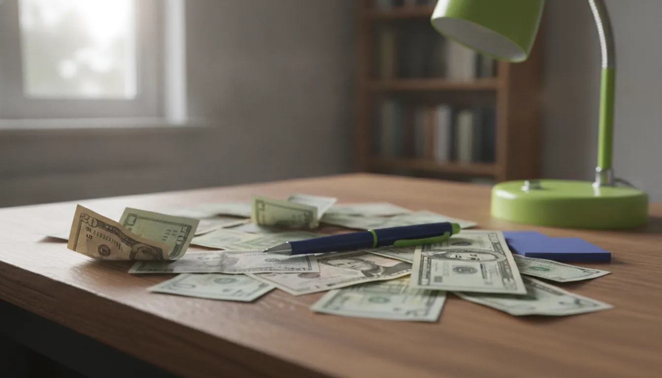 An office desk with scattered banknotes and a pen, symbolizing recent financial activity in quantum technology investment.