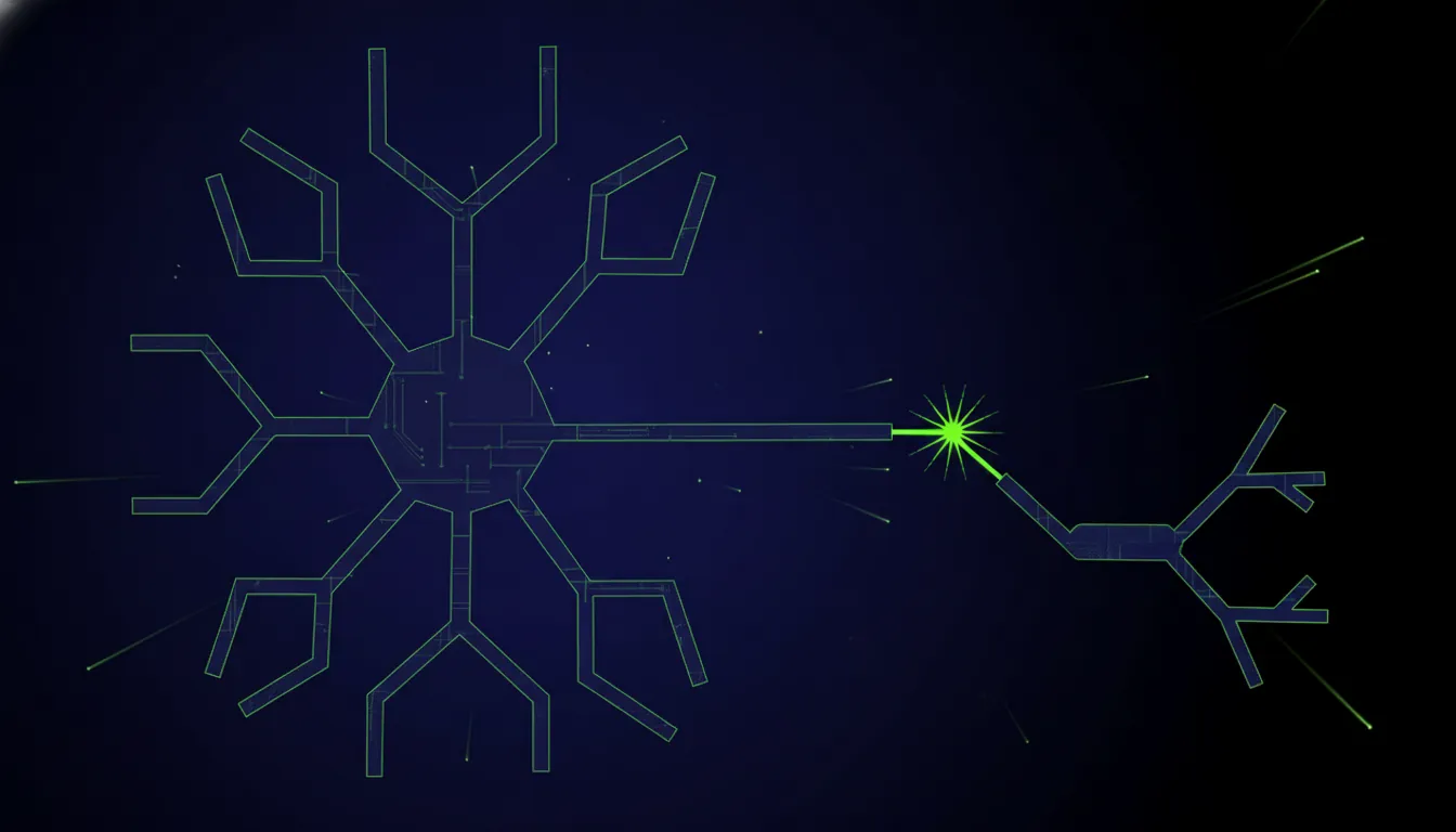 Minimalist illustration of a neuron and synapse in dark colors with lime accents.