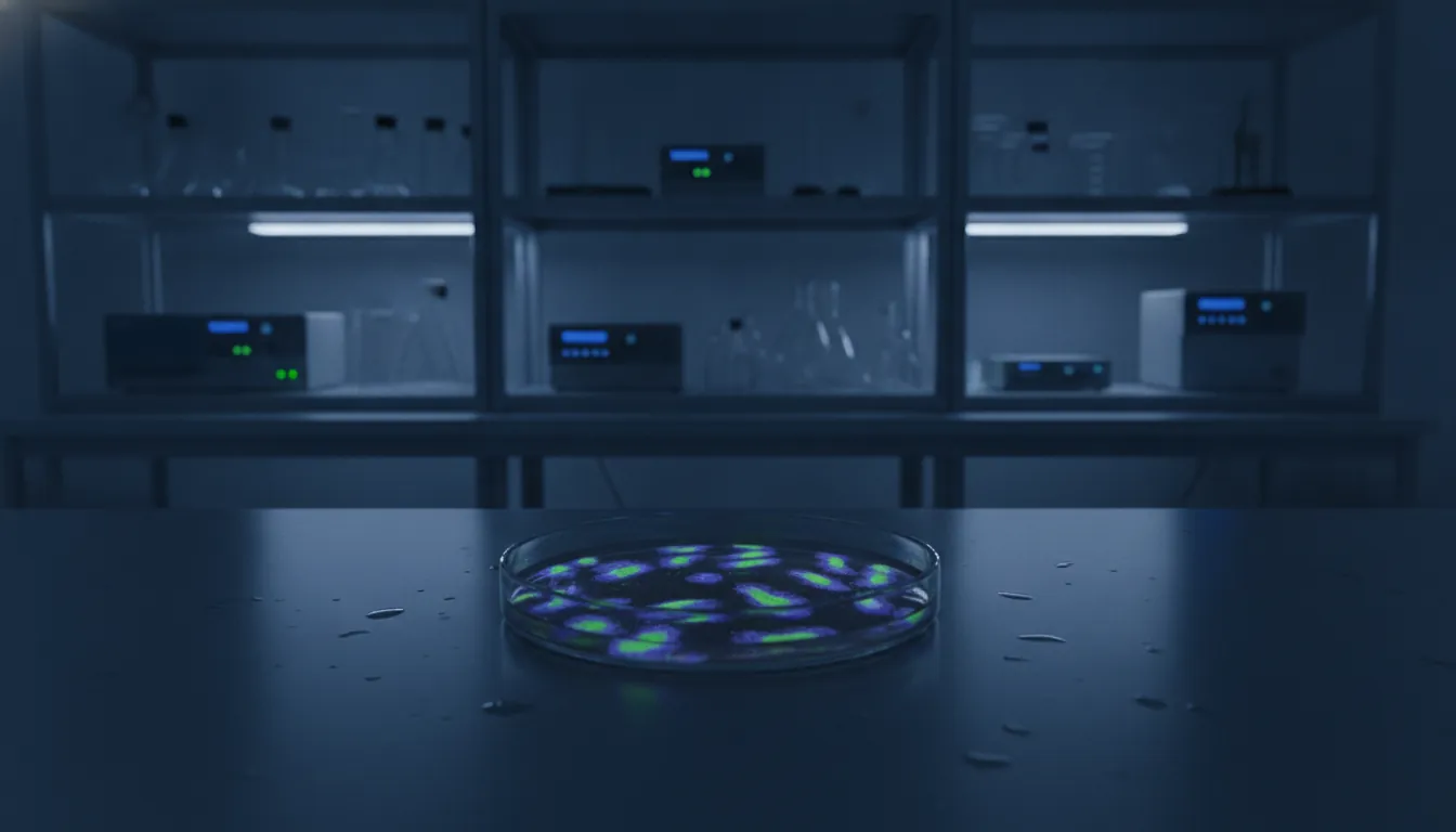 A petri dish with T cells in a dimly lit lab setting.
