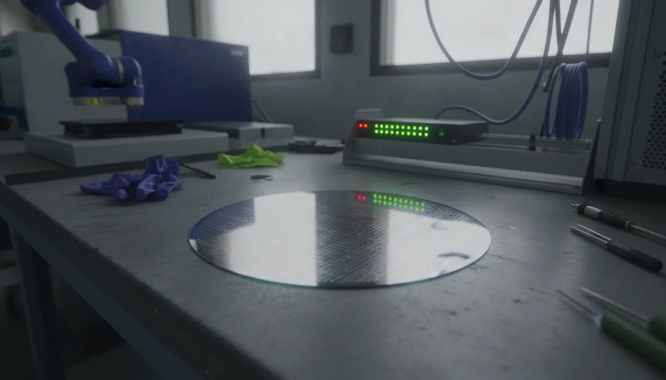 Silicon wafer on a workbench in a semiconductor lab