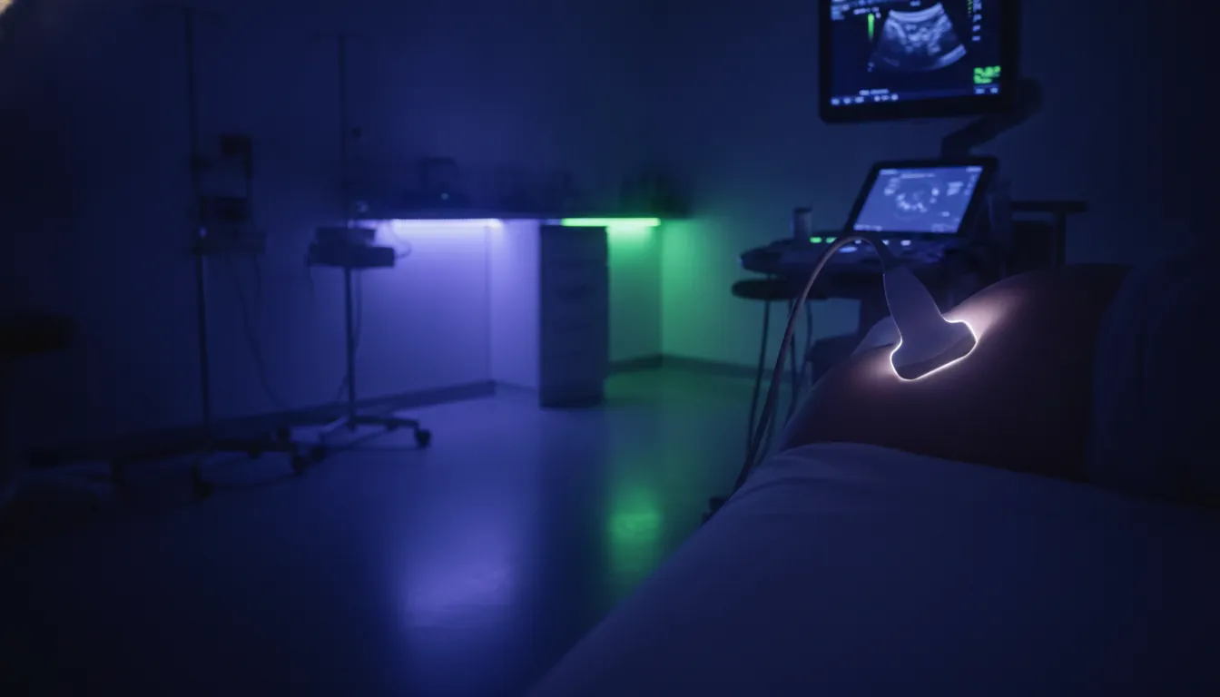 An ultrasound transducer on a patient's abdomen in a dimly lit clinical room.