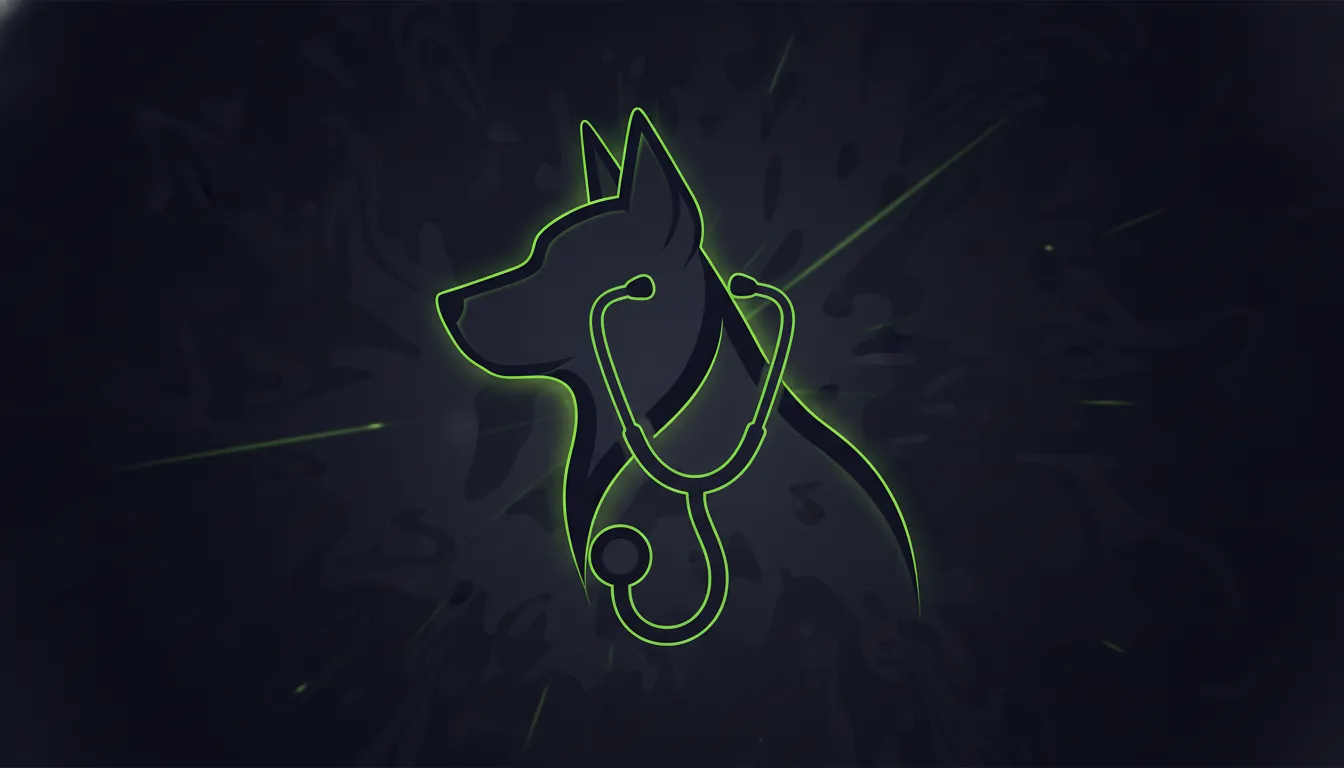 A minimalist illustration of a dog and stethoscope on a dark background.