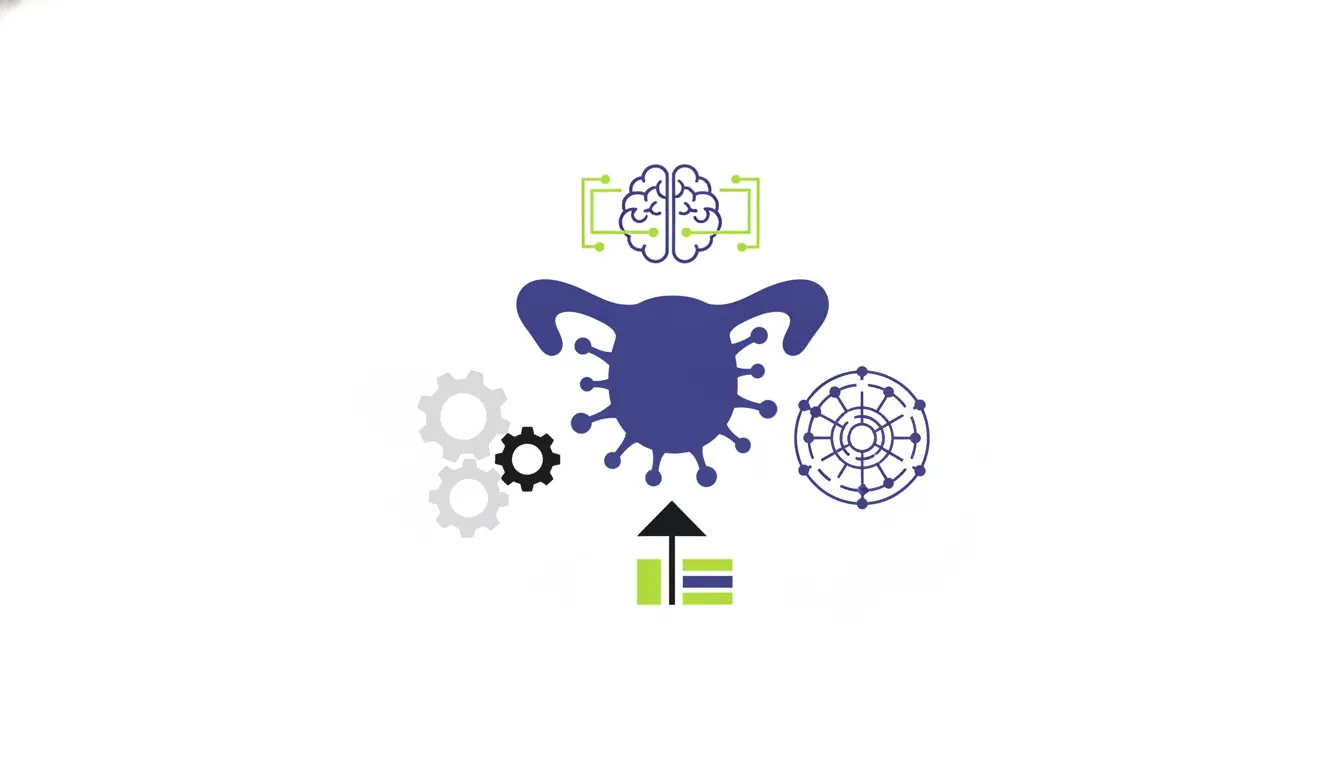 A flat illustration of a tumor cell with abstract AI shapes.