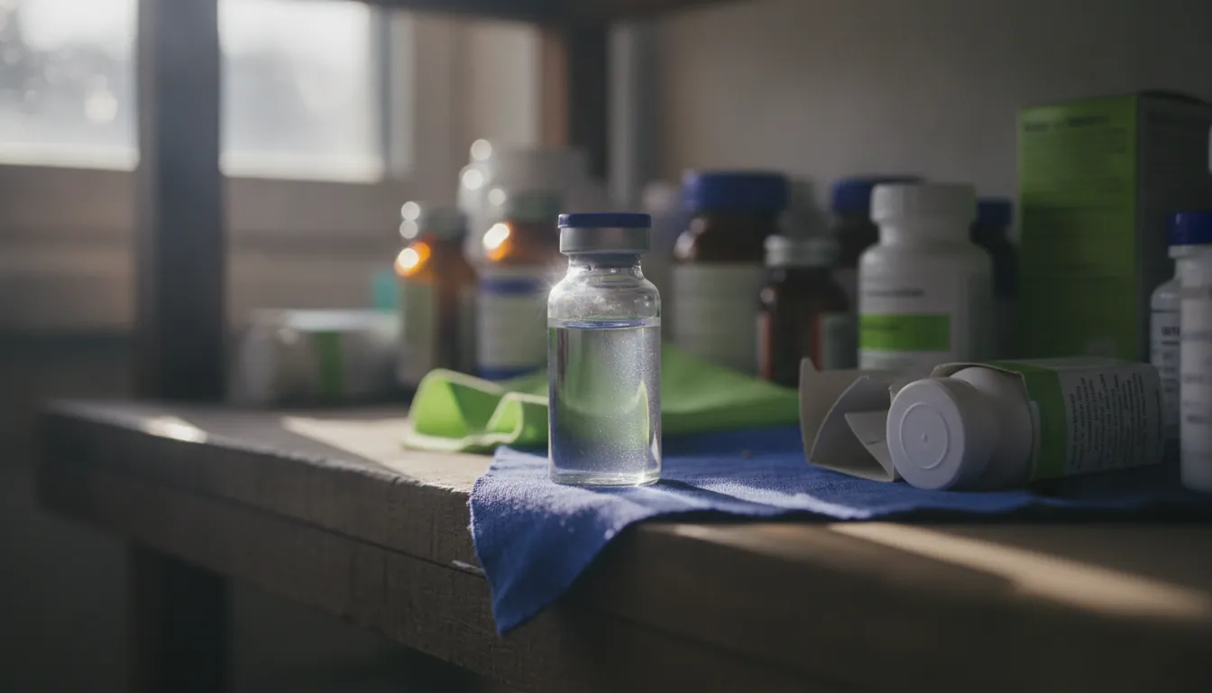 A vial of medication on a shelf in a warehouse.