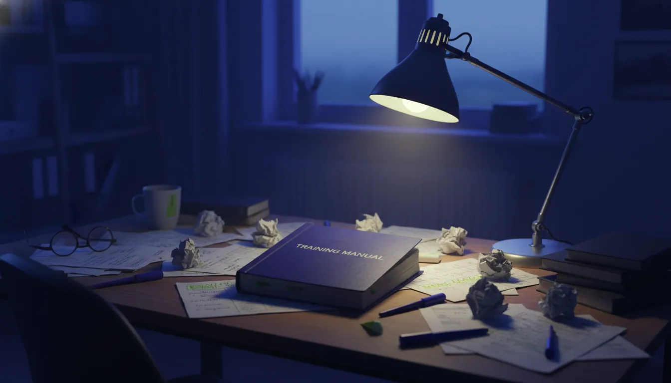A training manual on an office desk in a dimly lit setting