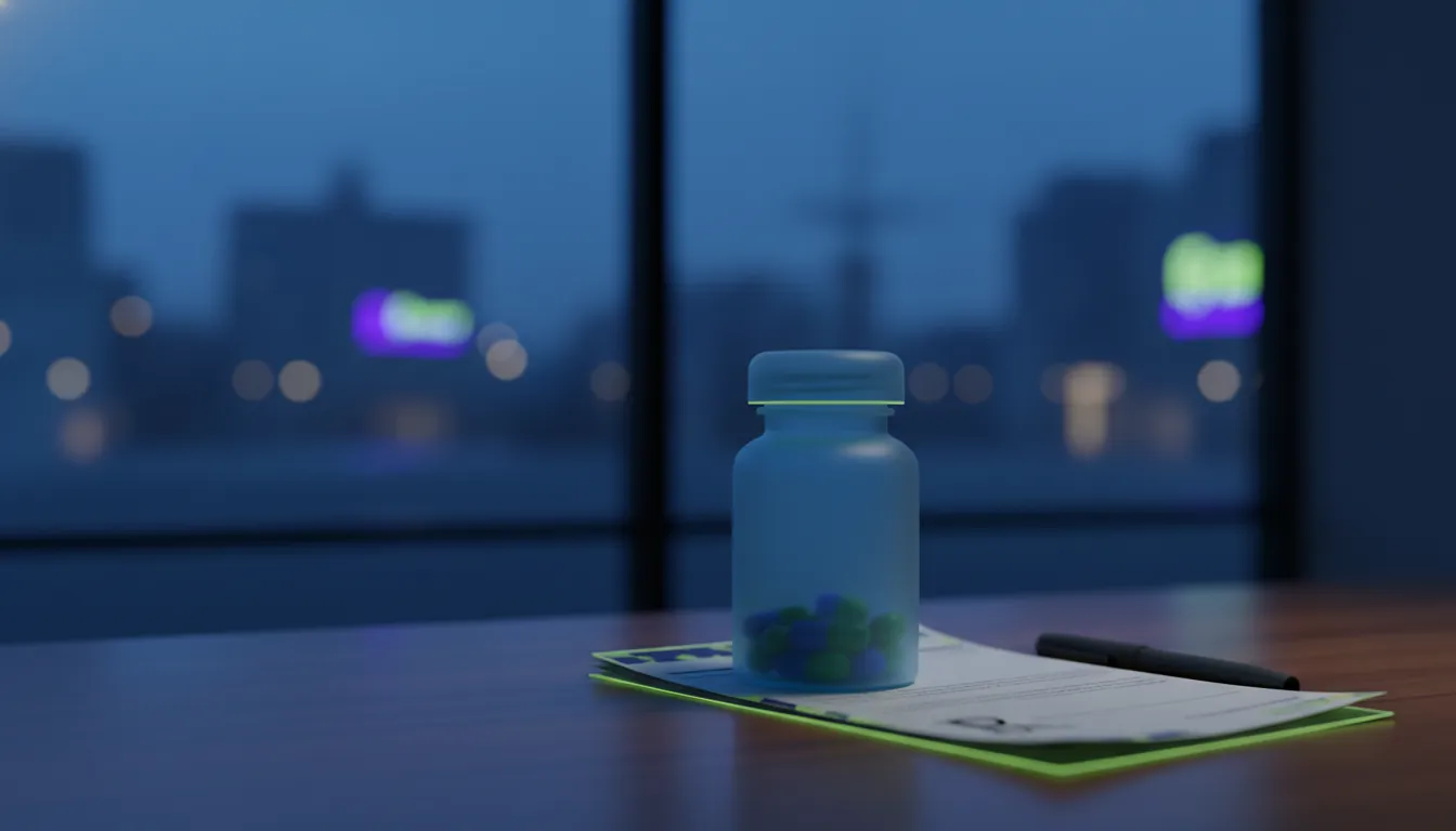 A pill bottle and prescription pad on a pharmacy counter in low light.