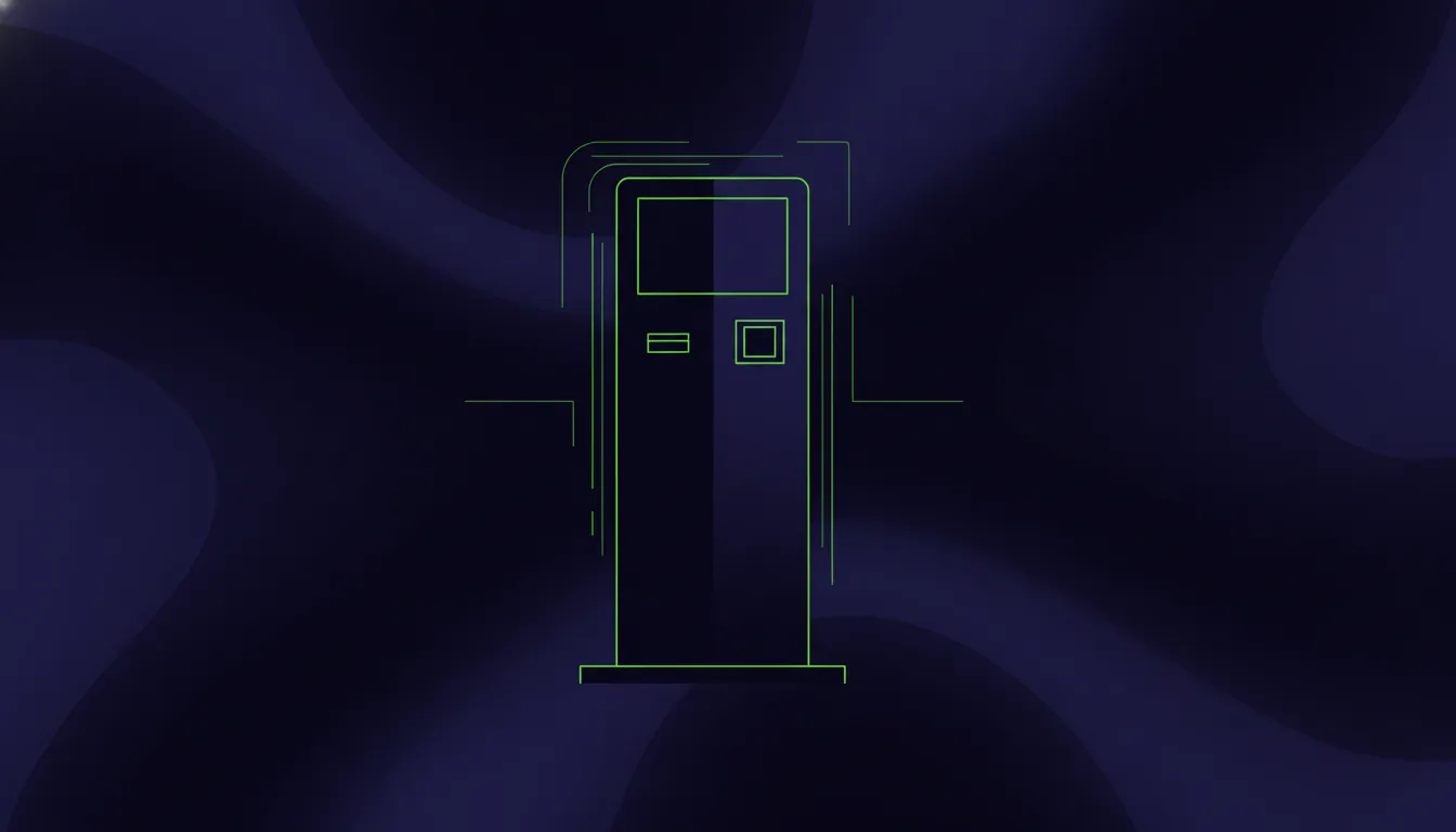 A minimalist illustration of a healthcare kiosk in a dark color scheme.