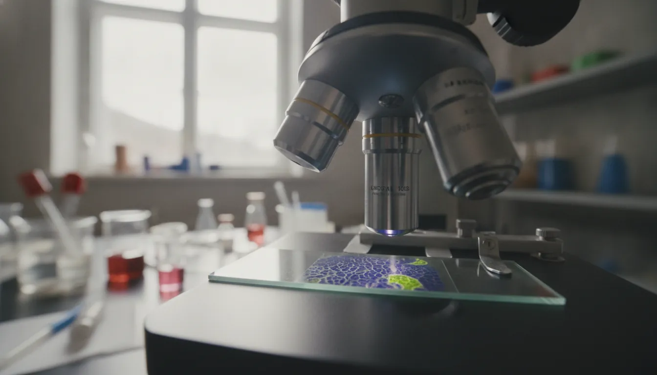 A tissue sample on a microscope slide in a laboratory setting.