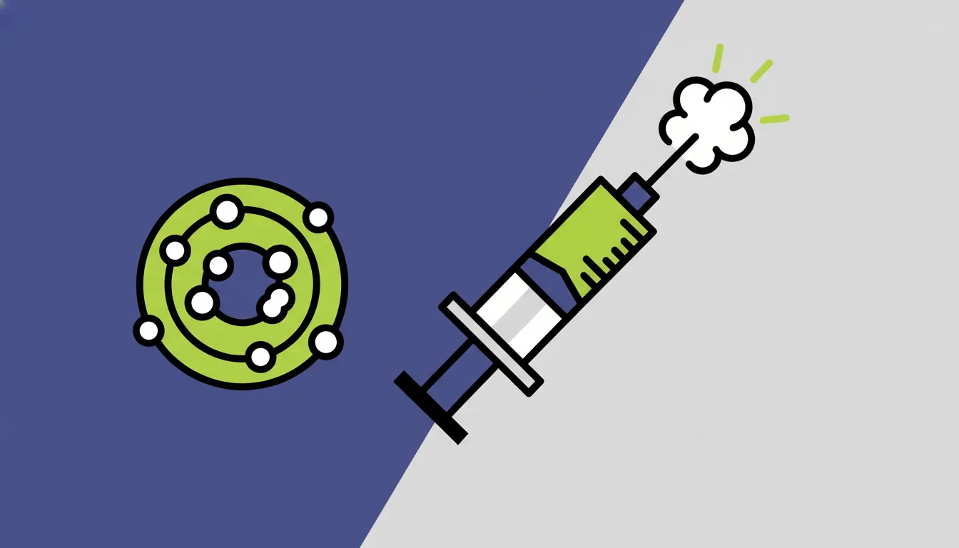 Flat illustration of a DNA plasmid and a needle-free vaccine syringe