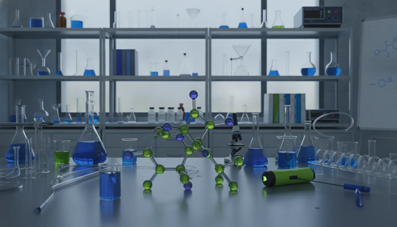 A molecular model on a lab bench in a modern laboratory setting.