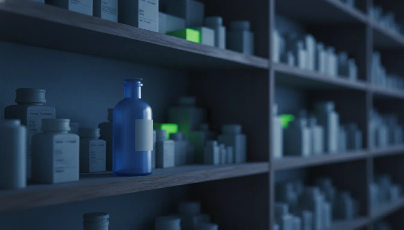A medicine bottle on a pharmacy shelf in low light