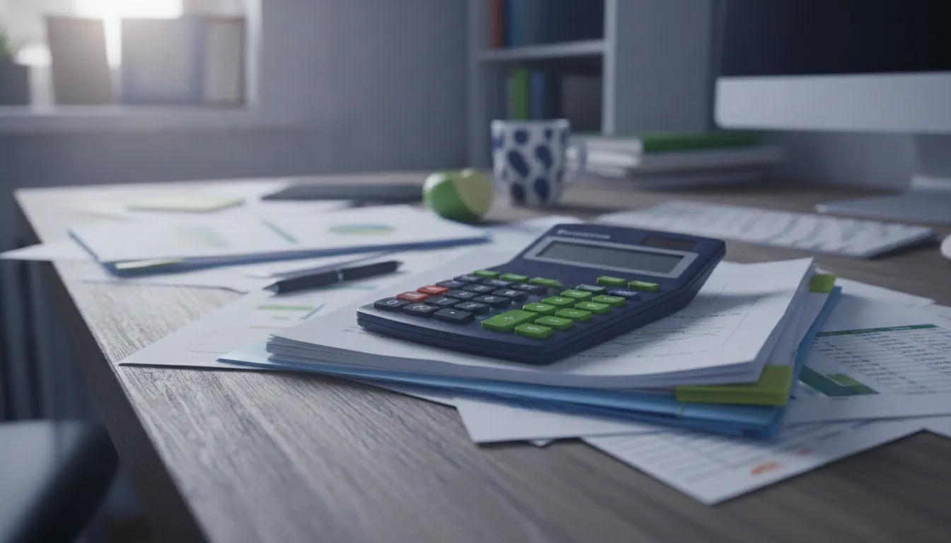 A financial calculator on an office desk with documents