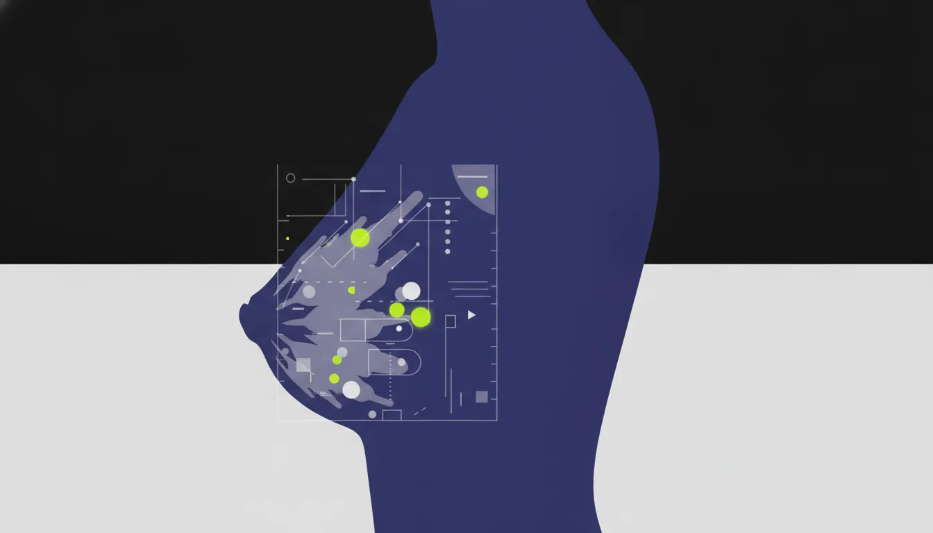 A minimalist representation of a breast silhouette with a mammogram overlay in flat design.