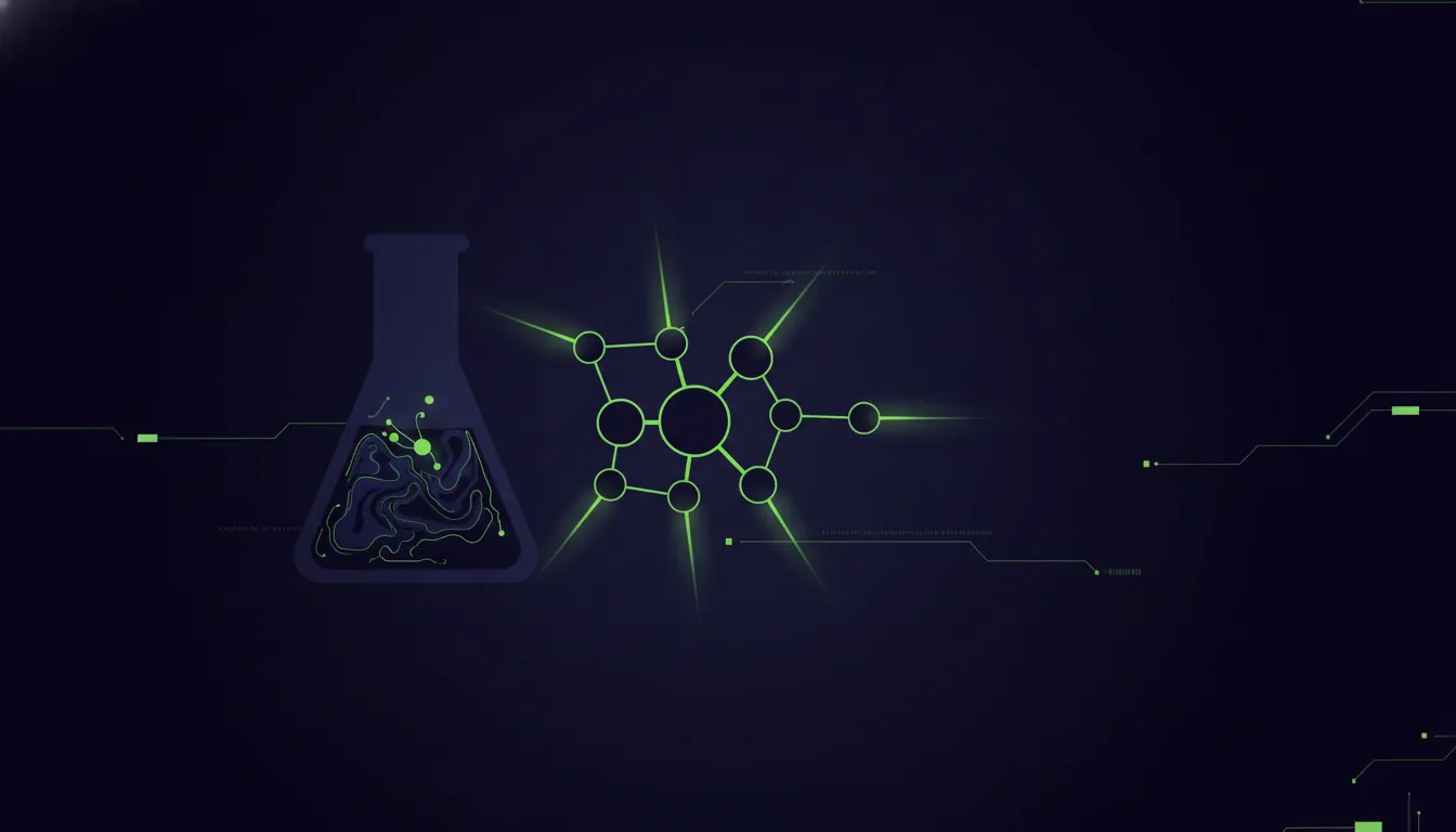 A minimalist illustration of a laboratory vial and a molecule on a dark background.
