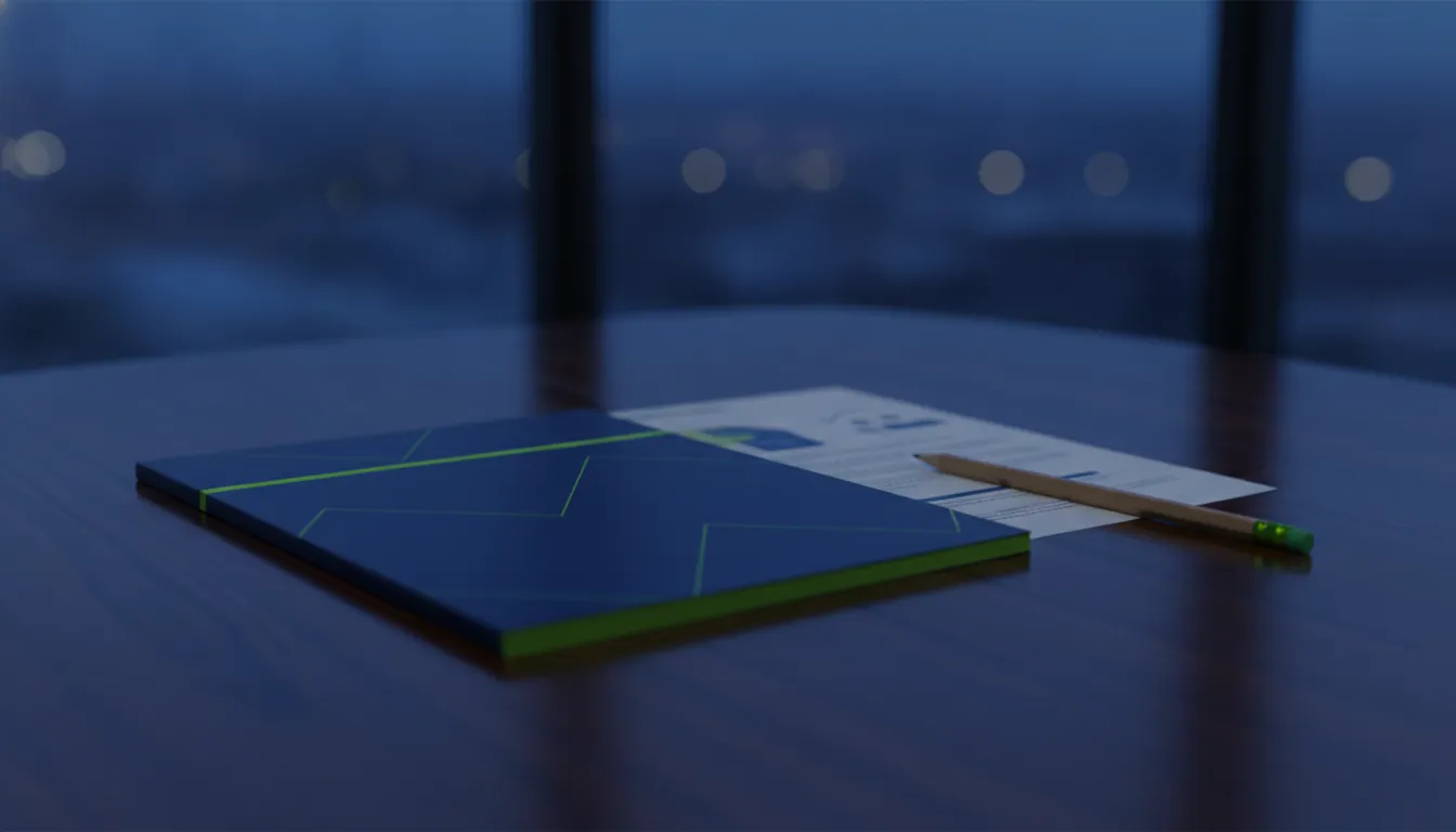 An industrial policy document and pencil on a conference table in a dimly lit room.
