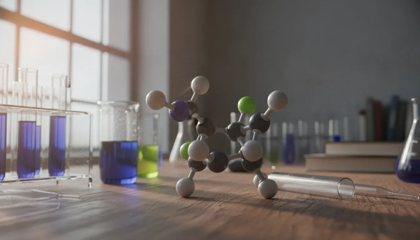 A molecular model on a lab bench with test tubes