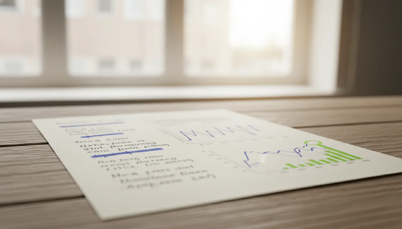 A clinical data sheet on a desk in a softly lit office