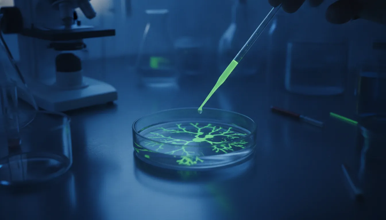 A cell culture dish and pipette in a dimly lit lab setting, symbolizing biotechnology research.