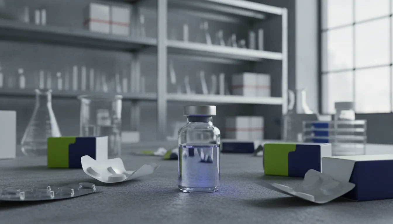 A vial of biologic drug on a lab bench with pharmaceutical packaging in a laboratory setting.