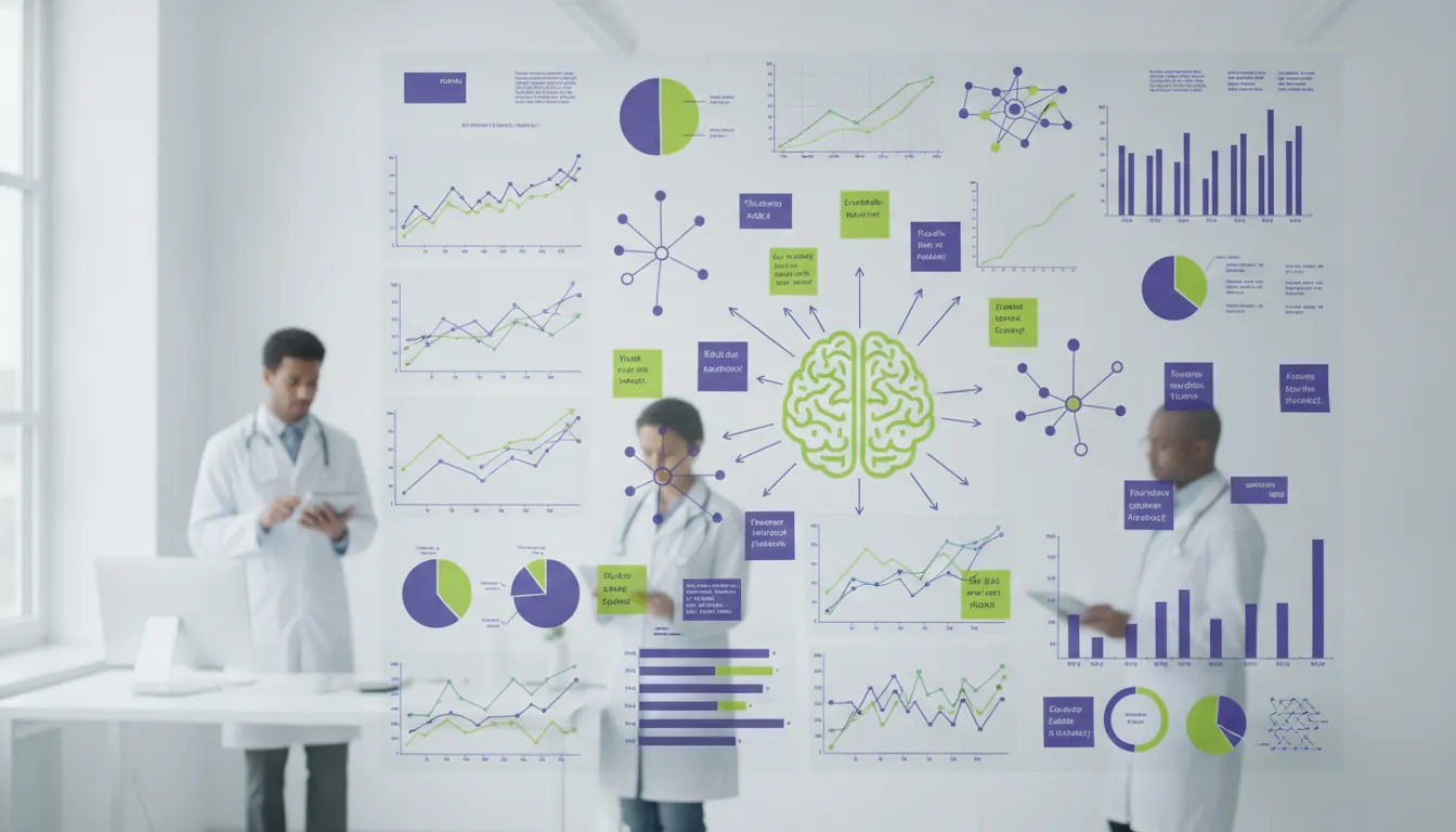 A clinical office with a data visualization board filled with medical charts and notes
