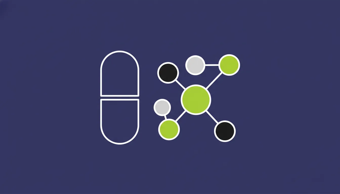 A minimalist representation of a pill and a molecule symbolizing drug discovery.